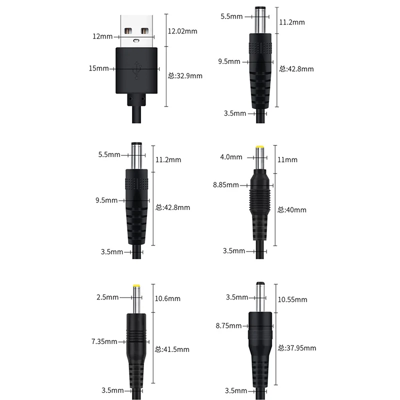 USB Male to 3.5×1.35、4.0×1.7、5.5×2.1、5.5×2.5mm DC Barrel Jack Power Cable AC Plug Transfer Connector Charger Interface Converter