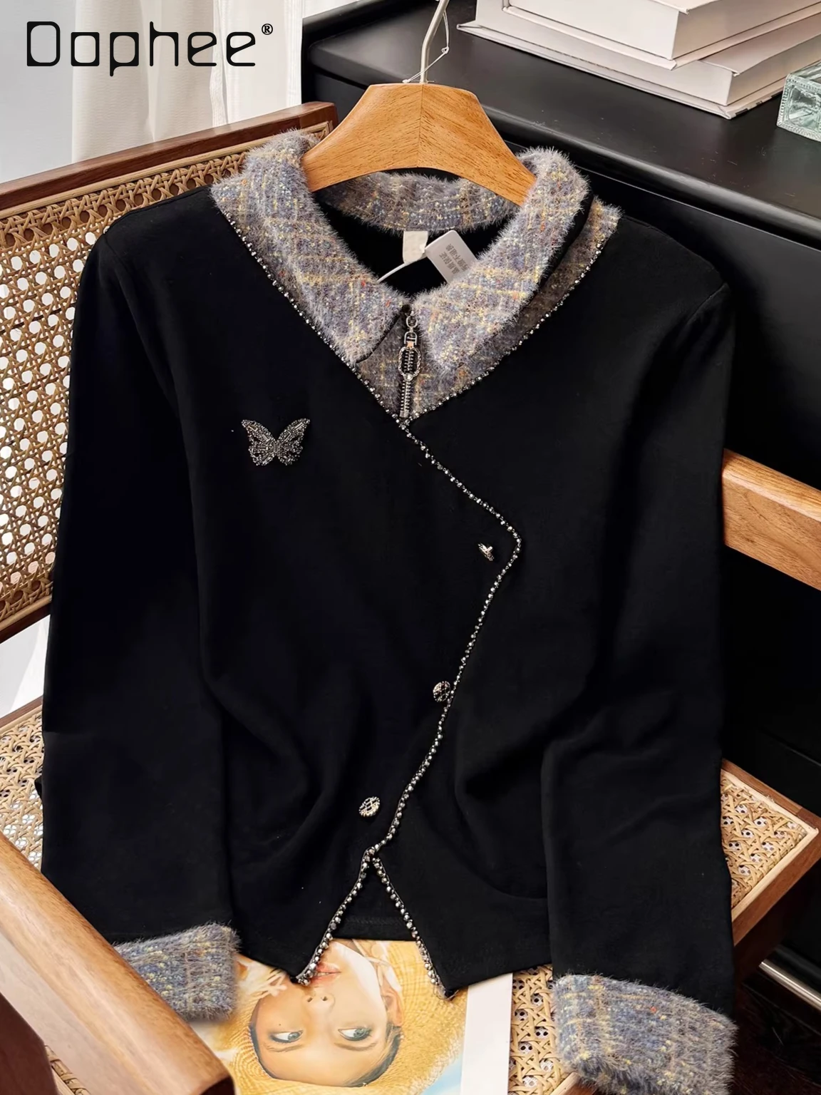 

Французский элегантный свитер с бисером и воротником в стиле колор-блок, имитация двухслойности, вязаный, женский, модный, универсальный, свободный, приталенный пуловер