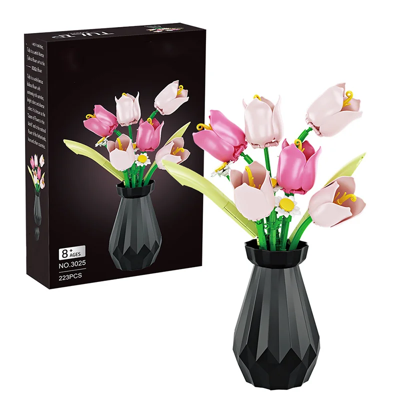 Rosa tulipas flor modelo blocos de construção conjunto 3d buquê tijolos crianças brinquedos diy decoração para casa presente do dia dos namorados adulto para meninas