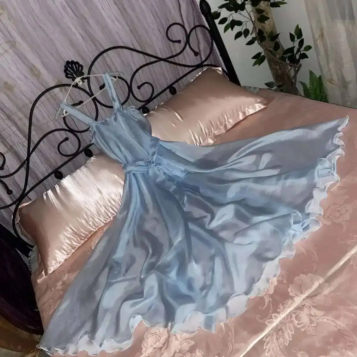 Glossy See Through Ultra Thin Women Satin Sleeveless Long dress Loose Ruffles Dress Sleeping Robe