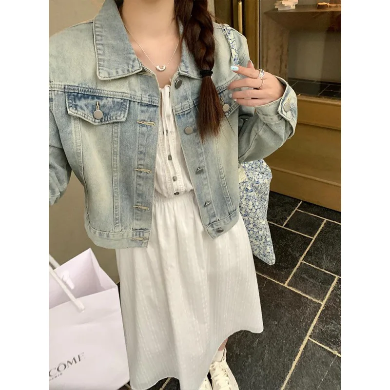 Retro Vintage Denim Kurz mantel Damen Herbst locker und vielseitig kleine lang ärmel ige Jacke Top