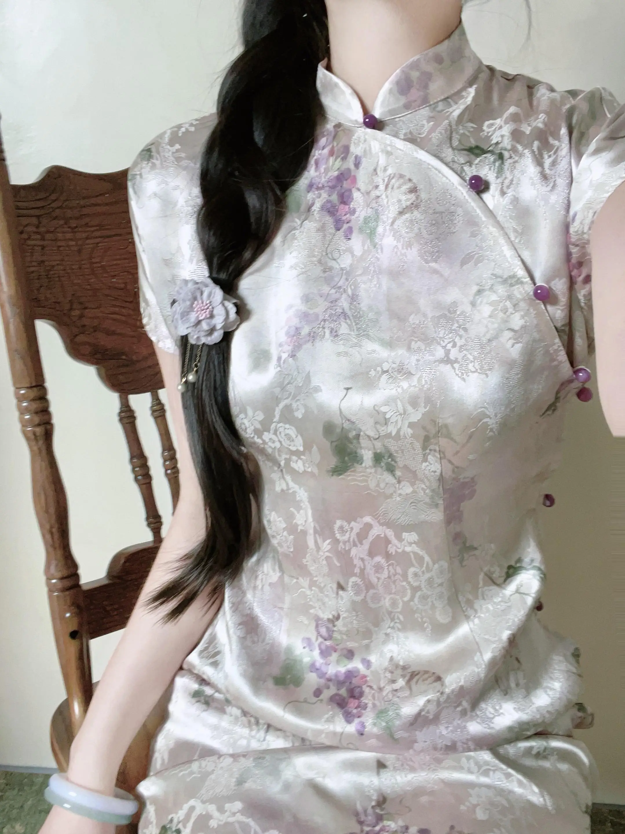 

Peach Tree And Moon Vintage Chinese Sle Long Floral Embroidery ape Pattern Slimming k Texture Daily Wear