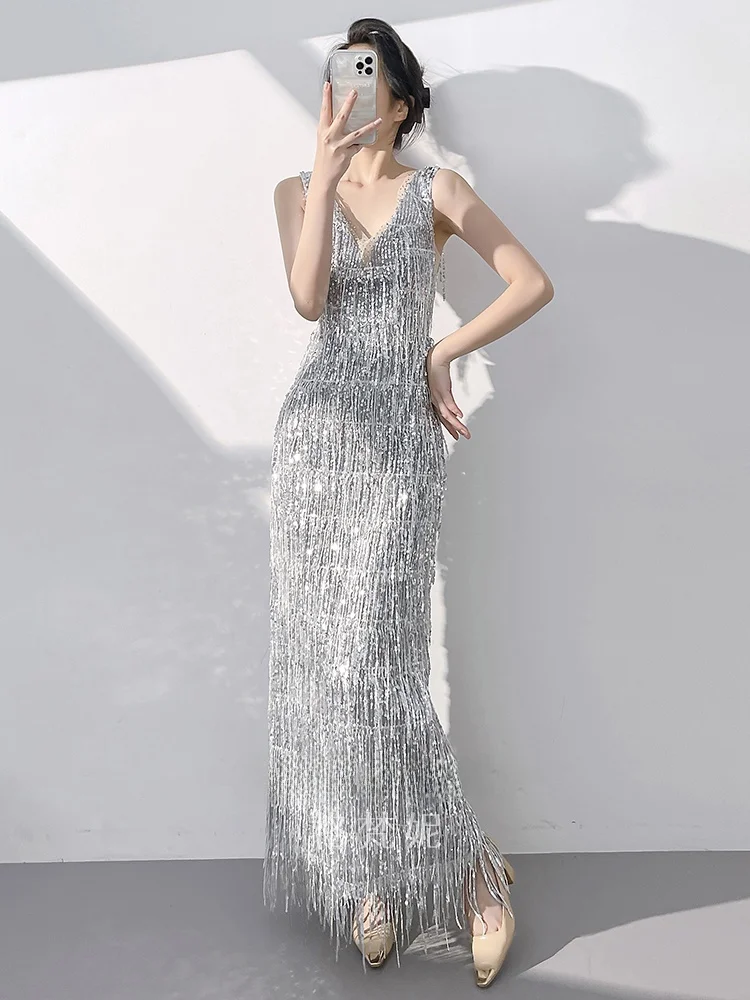 

Silver Evening Gown Women's 2026 New High-End Luxury Host Fi Tail Sequin Skirt oulder Tassel High-End Long Dr