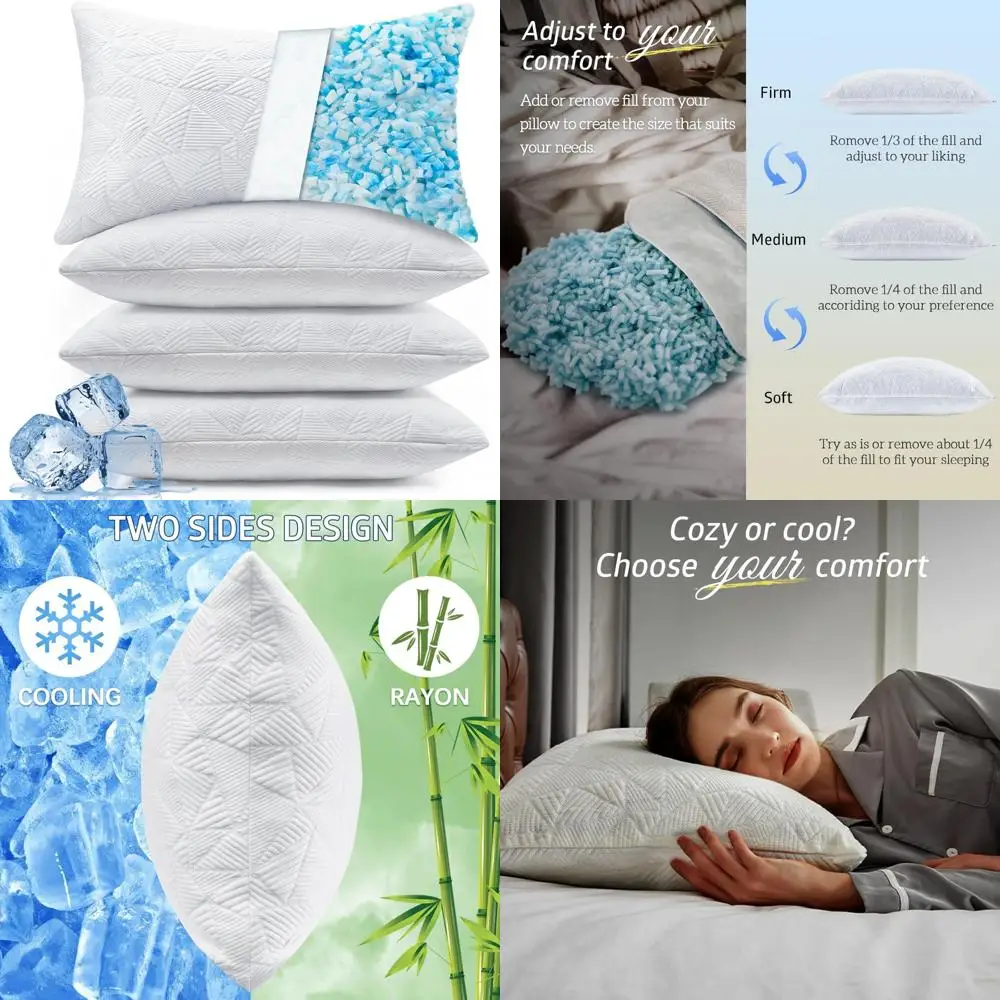 

King Size Pillow Set of 4: Shredded Memory Foam Pillows for Sleep, Adjustable Firmness, Cooling Design for Neck Pain Relief