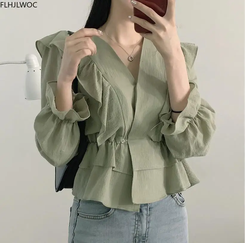 Cute Japan Korean Style Design ClothesAutumn Flare Sleeve Solid Peplum Baby shirt tops Short Blosas 92535