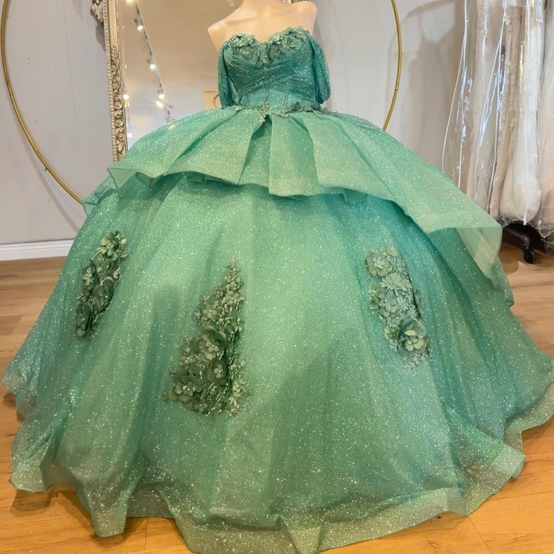 

Зеленое блестящее бальное платье, платье для Quinceanera 2024, 3D Цветочная аппликация, принцесса, тюль, Vestidos De 15 лет, день рождения, милое платье 16