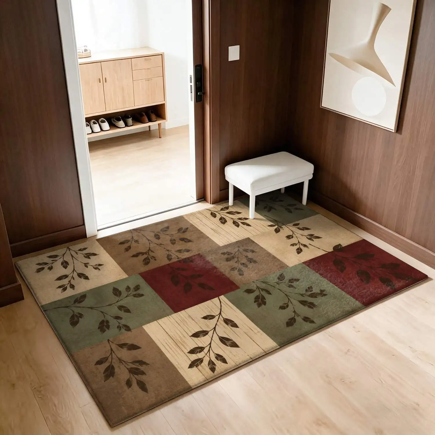 1Pc 2D Printed Carpet: Retro Brown-Red Leaf & Branch Pattern, Retro Style for European Decor, Geometric Patchwork, Simple Design Ideal Home Decor, Multiple Sizes, Machine Washable, Suitable for Entryway, Dining Room, Foyer, Living Room, Bedroom.
