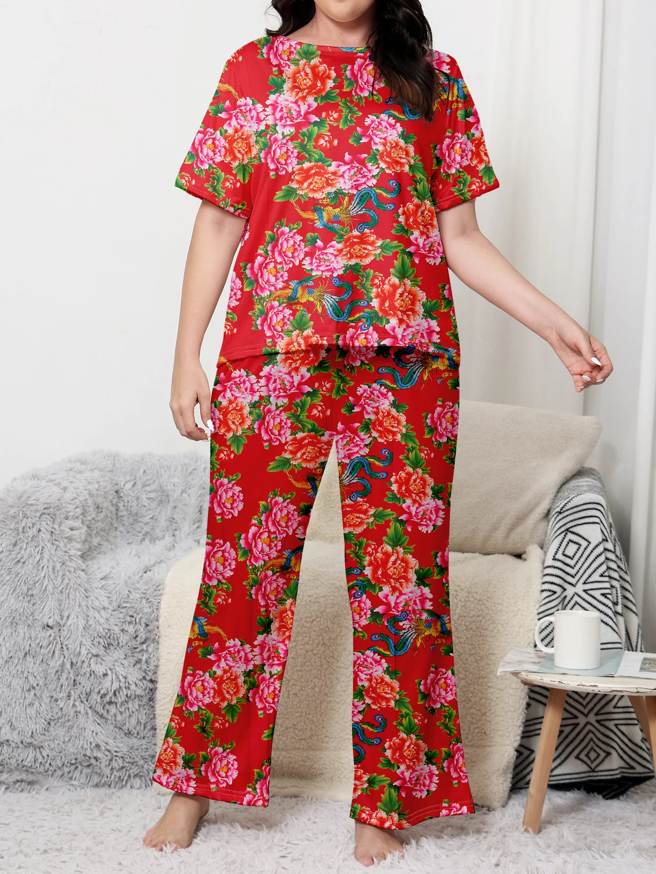 Duży damski zestaw do wyposażenia domu Northeastern Flower Printed Short rękaw Top & Long Pants Piżama 2-częściowy zestaw