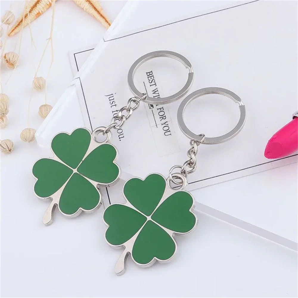 Metal Green Four Leaf Clover Keychain Creative Plant Charm Lucky Car Key Holder Gift Women Men Bag Ornaments Keyring Accessories