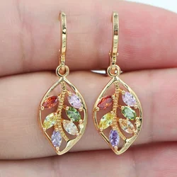 Women's Fashion Shiny Colorful Zircon Drop Earrings Multicolor Stone Leaf Rose Gold Color Charming Dangle Earring Wife Jewelry