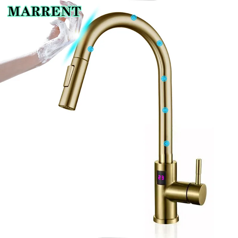 

Smart Touch Digital Kitchen Faucets Brushed Gold Hot Cold Kitchen Fixture Intelligent Touch Pull Out Digital Kitchen Mixer Tap