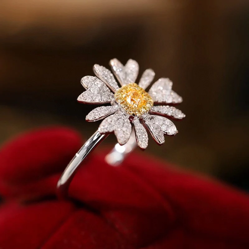 Aazuo Find Jewerly Yellow & White Diamonds 18K Solid Gold Flower Daisy Rings Upscale Trendy Senior Party Fine Jewelry Hot Sell