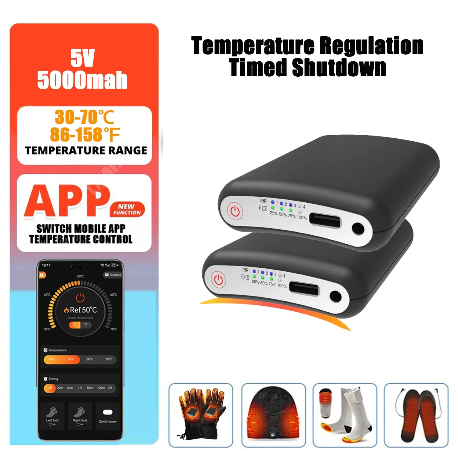 App Remote Control Heated Socks Battery 5V 5000mah Lipo Battery Packs Winter Socks Warm Gloves Kneepad Rechargeable Power Bank