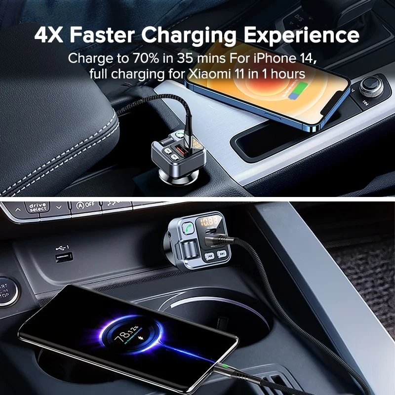 48W USB Type C Car Charger Professional Digital Display With Bluetooth Car Charger Fast Charging QC 3.0 For iPhone Xiaomi Huawei