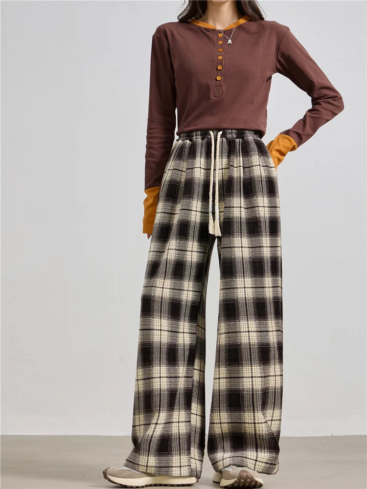 Thi الدافئة منقوشة واسعة الساق السراويل خمر Sle عالية الخصر مستقيم قطع عارضة السراويل للنساء الخريف الشتاء Faion