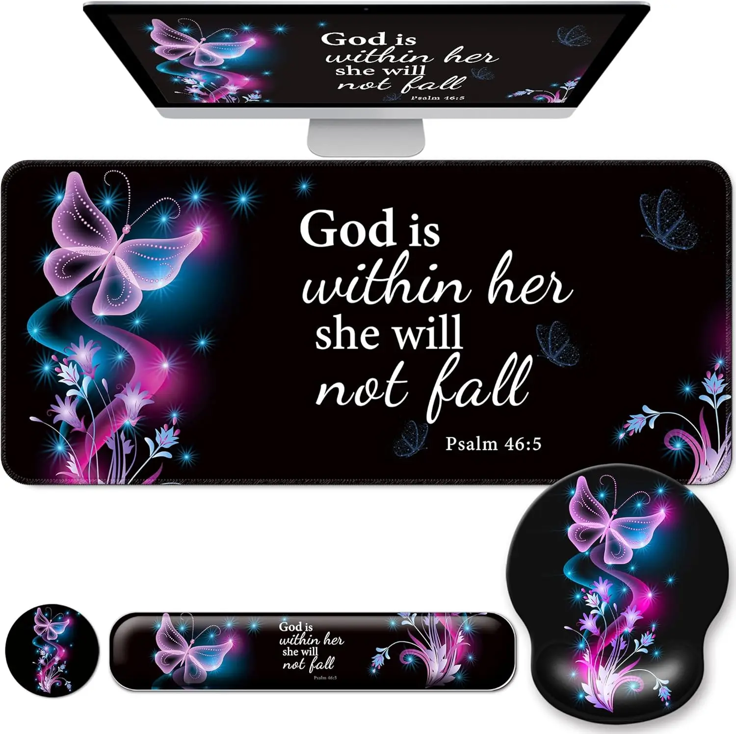 

Набор больших настольных ковриков 4-в-1 с подставкой для клавиатуры, мыши и поддержкой для запястья — дизайн с фиолетовыми бабочками для домашнего офиса