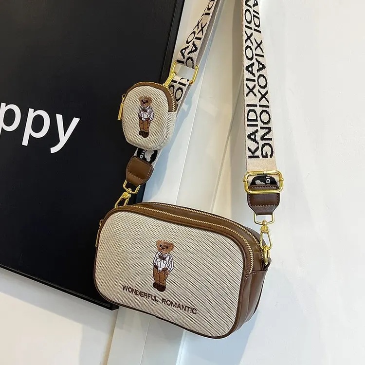 

2025 Women's Embroidered Canvas Messenger Bag, Wide Shoulder Strap Bear Design Small Square Purse for Daily Commute and Campus