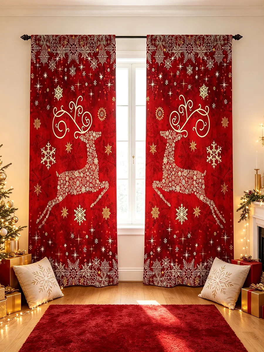 Luxury Christmas Red Deer Curtain Pair Festive Holiday Window Drapes for Living Room Home Decor