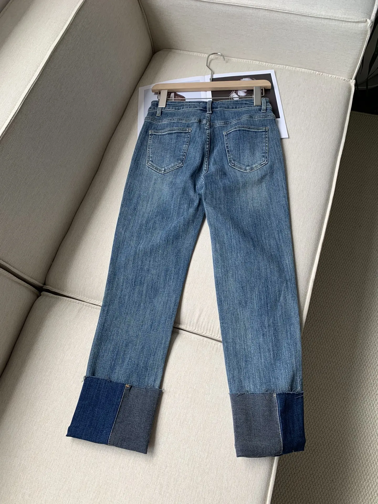 Jeans longo para senhoras, cintura alta, borda casual, calça ondulação, novo, primavera, verão, 2024