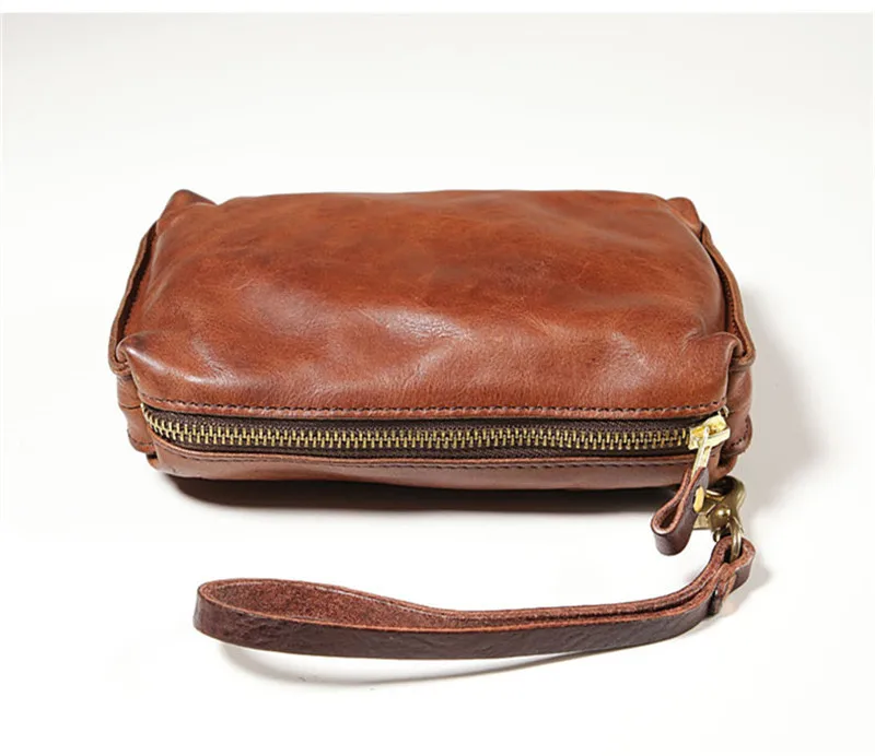 Bolsa de mão masculina de couro legítimo natural, de alta qualidade, casual, simples, artesanal, vintage, couro de vaca real, carteira de telefone para adolescentes