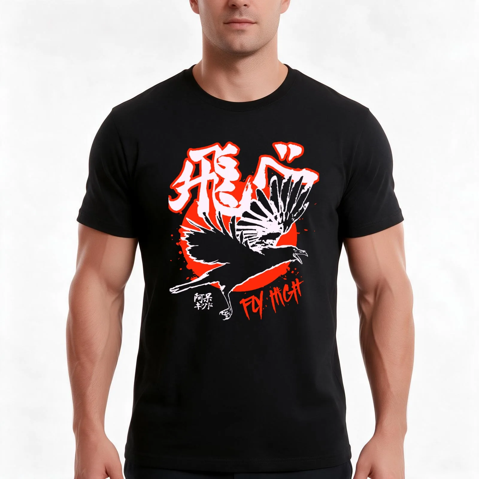 fly high itachi crow T-Shirt, Summer Casual Cotton Tee, Oversized Streetwear Tops, Vintage Graphic Print, Loose Fit Short Sleeve