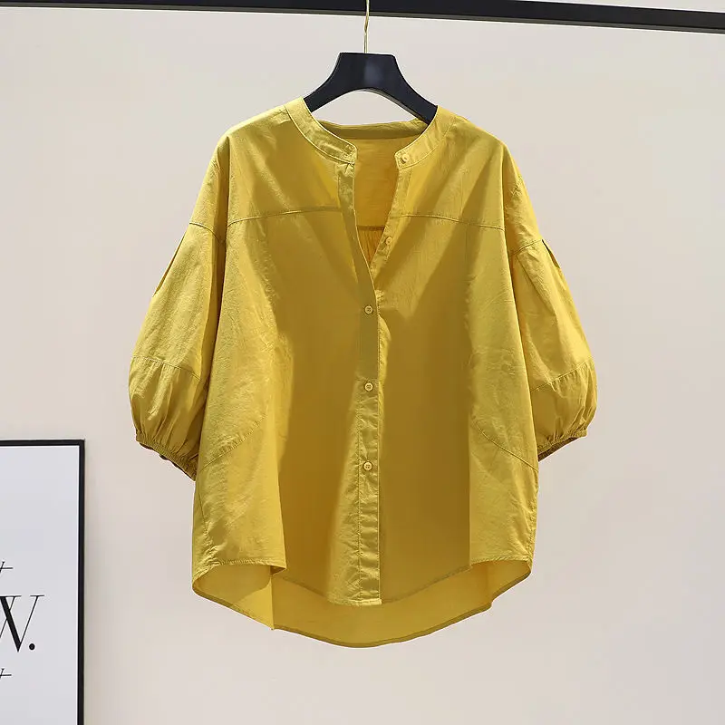 Summer Elegant Fashion Korean Style Retro Women's Shirt Button Loose Solid Color Irregular Folds Stand-up Collar Y2K Chic Tops