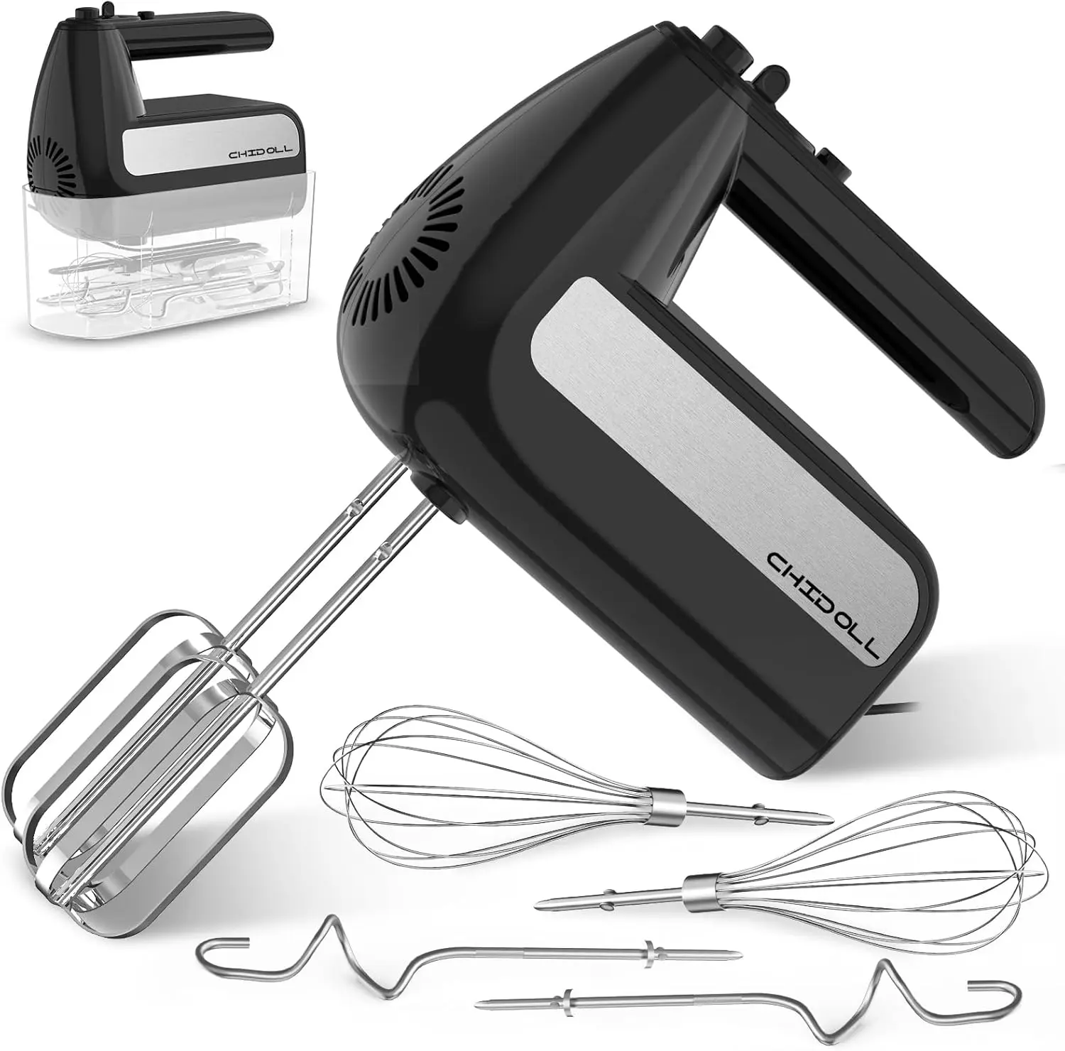 

5-Speed Electric Hand Mixer, 800W with Turbo, 6 Stainless Steel Attachments & Storage Case - Black