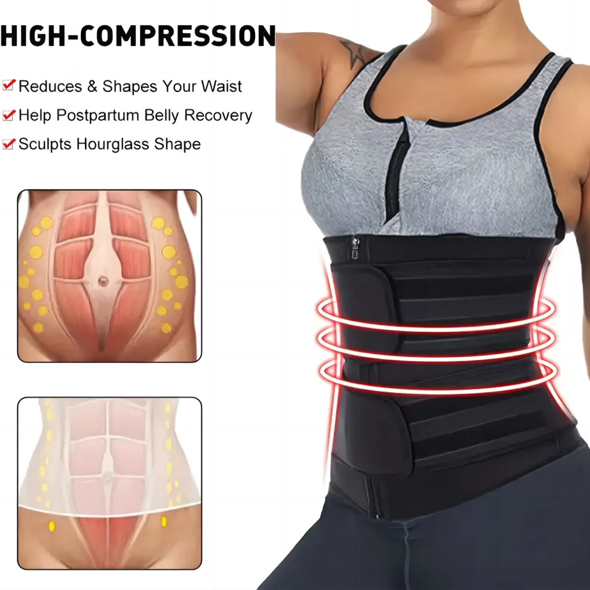 Women Waist Trainer Belt Double Strap Zipper Neoprene Sweat Waist Trimmer Tummy Control Slimming Body Shaper Workout Gym Fitness view 3