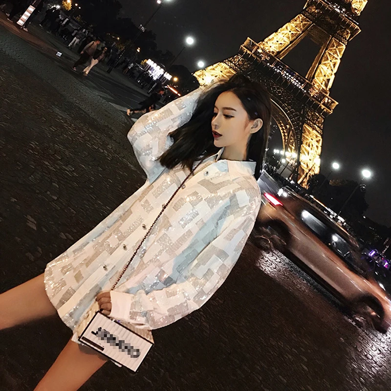 

White Glittering Plaid Loose Women's Shirt Spring New Style 2026 Trendy Outerwear Top Mid-Length Fashion Ladies' Blouse