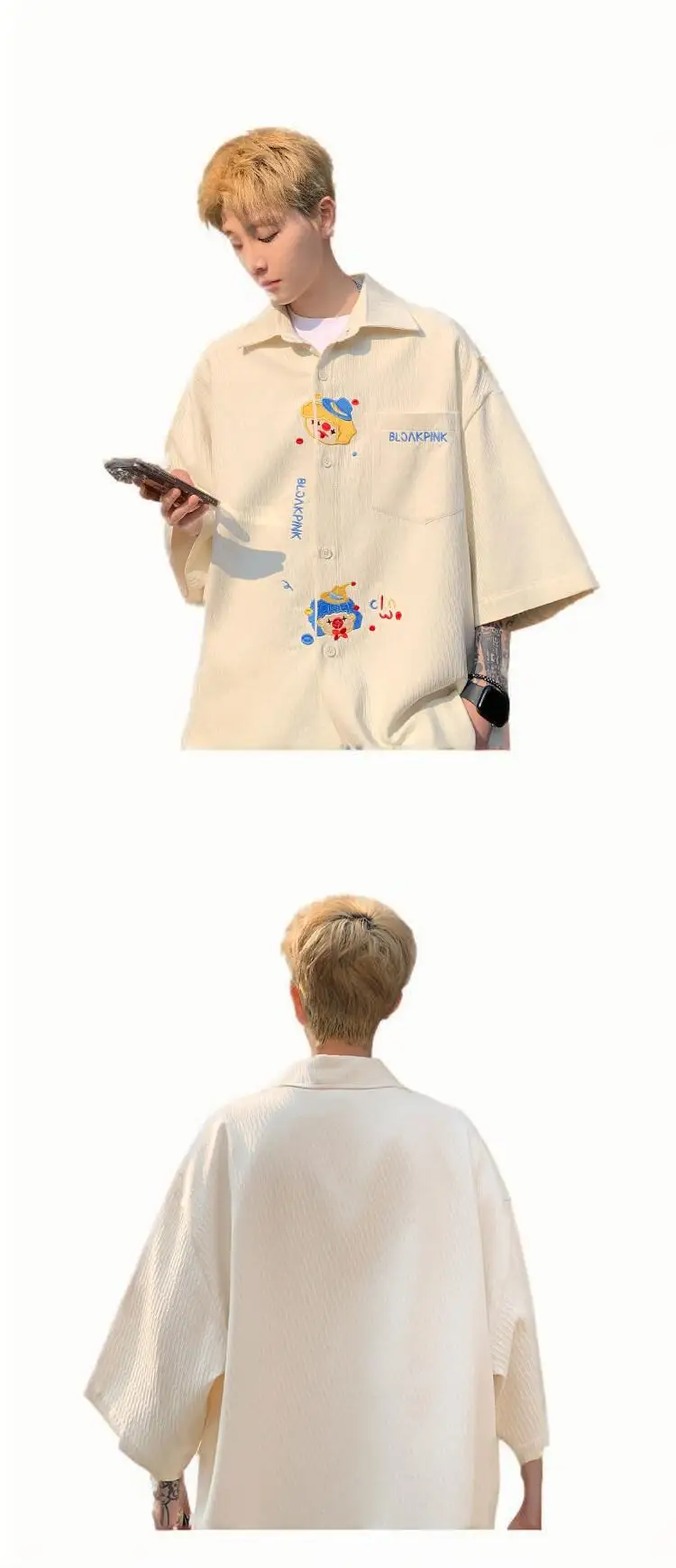 NF&ZG Embroidered short-sleeved shirt men's summer trendy American style shirt loose trendy five-point sleeve casual jacket