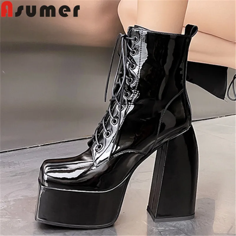 

ASUMER 2024 New Zipper Thick High Heels Platform Shoes Fashion Patent Leather Boots Woman Autumn Winter Ladies Mid Calf Boots