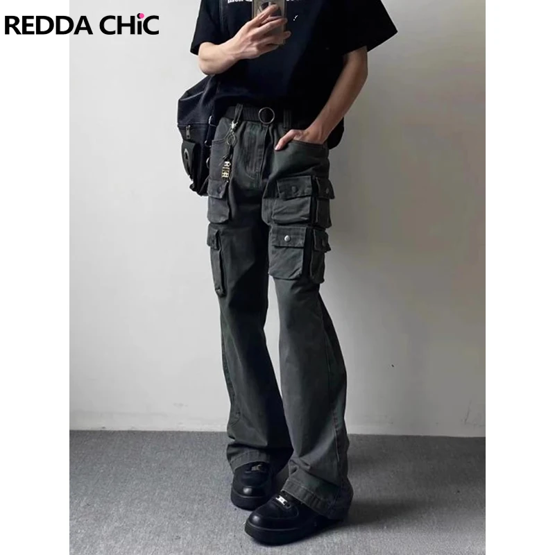 REDDACHIC Multi-pocket Gray Denim Cargo Pants Men Solid Washed Wide Leg Low Waist Straight Baggy Jeans Casual Vintage Clothes