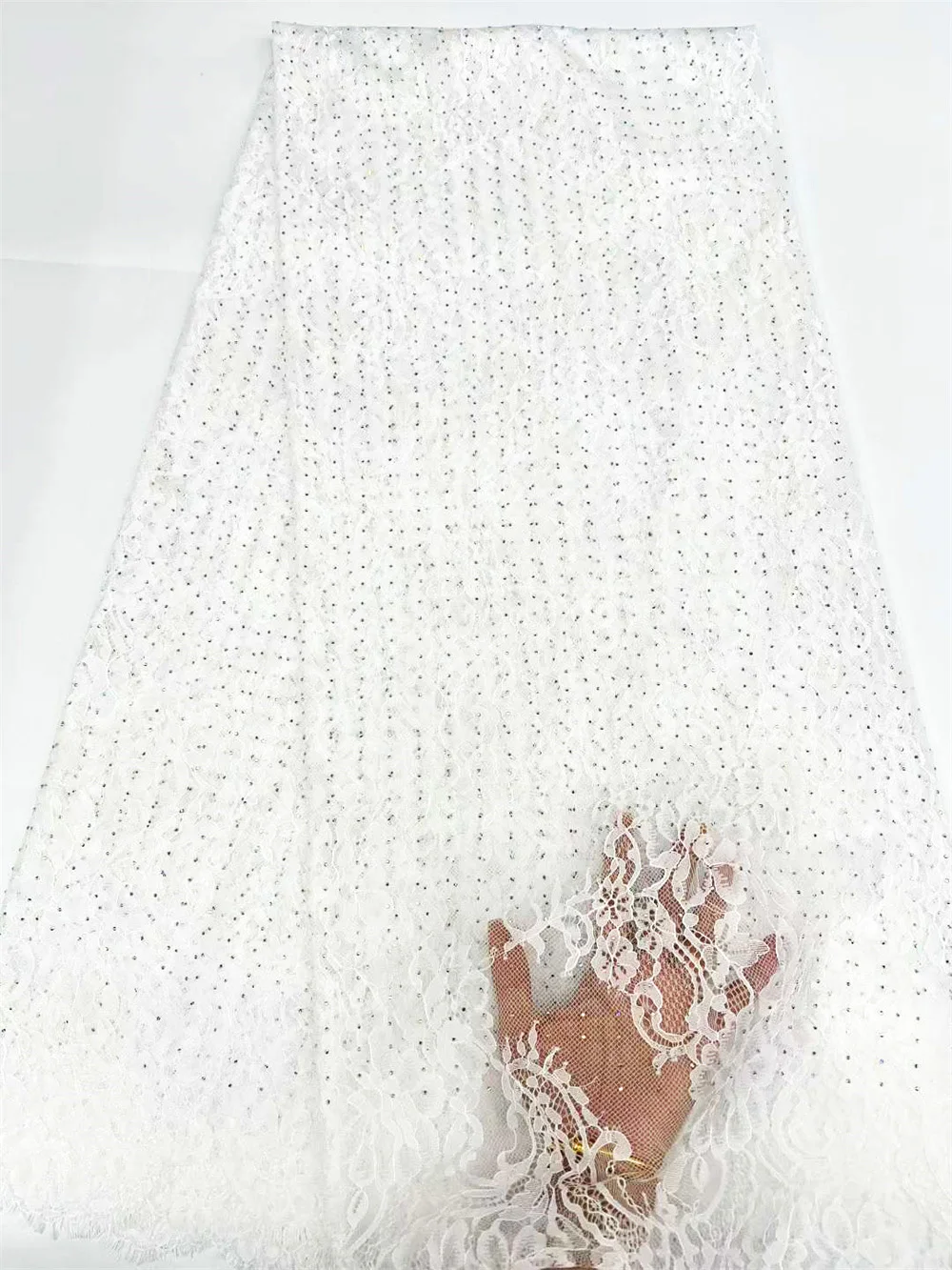 

Charming Lace Fabric 3 Meters Flowy Eyelash Lace Trim & Glistening Rhinestones for Nigerian Celebration Gala Dresses OR46365