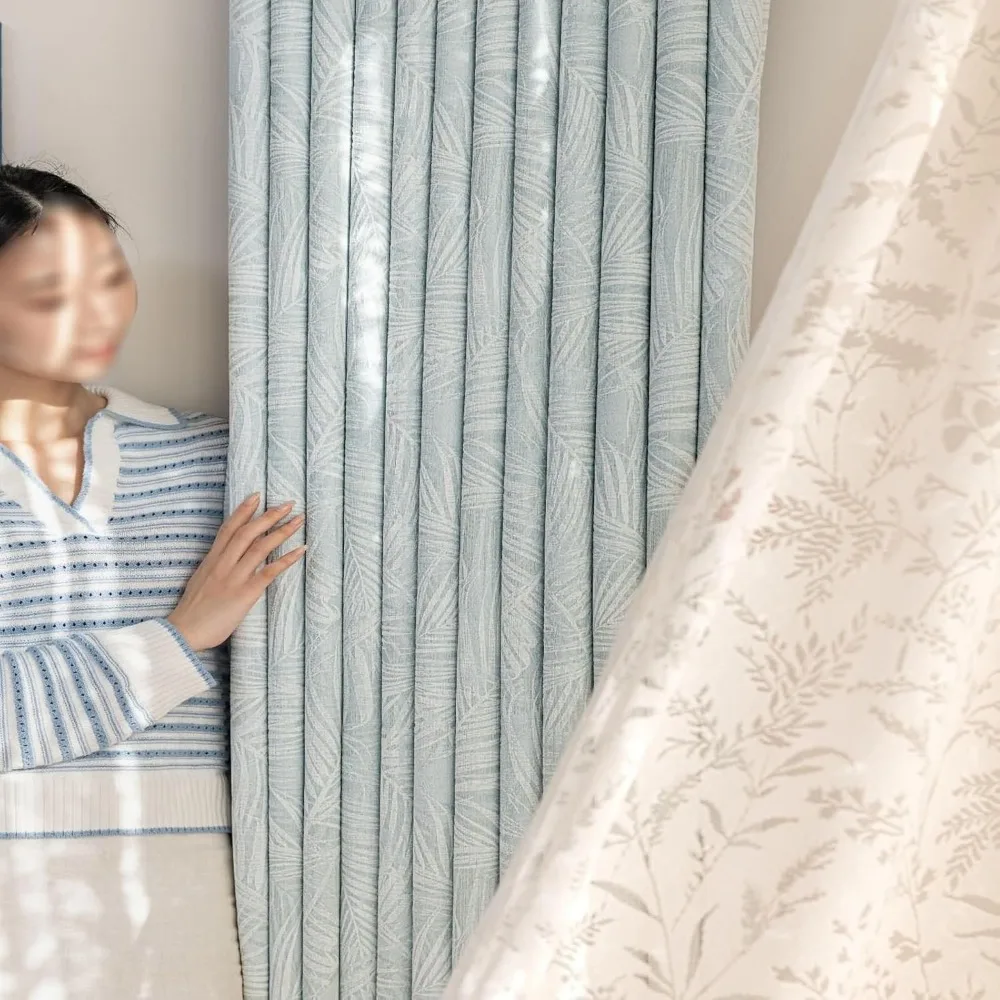 Zestaw zasłon zaciemniających, 2 sztuki, długość 228 cm, panele okienne do sypialni, żakardowy szenil w jasnoniebieskie liście, z haczykami, idealne do