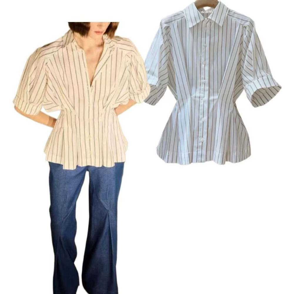 

2025 New High-End Women's Striped Shirt Short Sleeve Classic Collar Slimming Waist-Cinched Cut Balances Loose Perfect forOffice