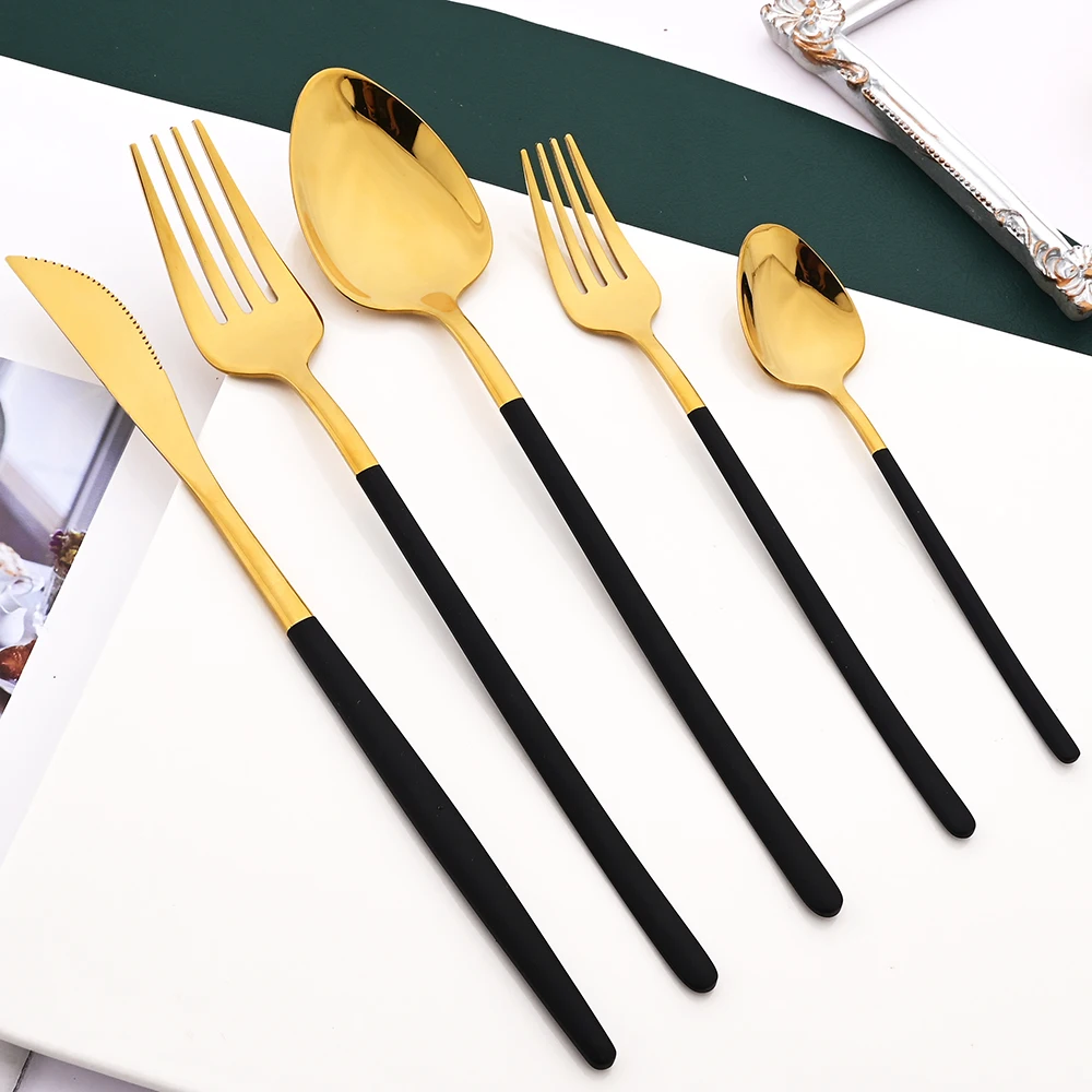 Western 25Pcs Black Gold Tableware Set Stainless Steel Dinnerware Knife Dessert Fork Teaspoon Cutlery Set Home Kitchen Flatware