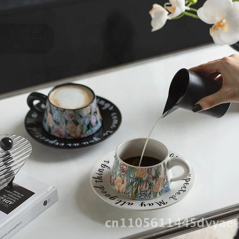 

Ceramic Coffee Cup And Saucer Set High-End Oil-Painted Middle Style Mug for Afternoon Tea Blooming City Design Gift Box Included