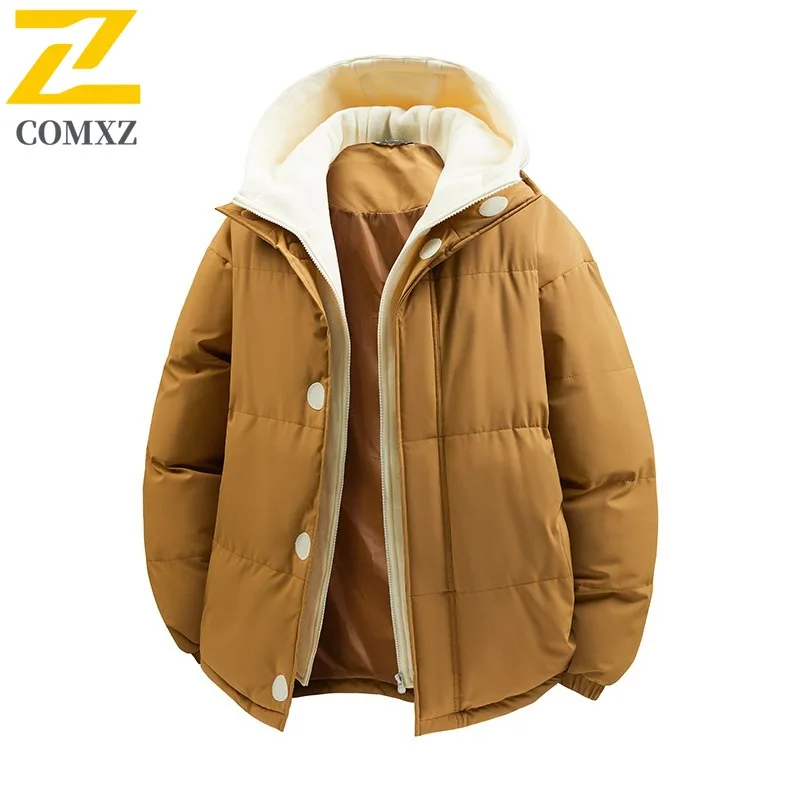 COMXZ 2025 Autumn Winter Two Piece Hooded Cotton Jacket Mens utdoor Sports Casual Loose Fit Thick Warm Solid Color Fashion Coat