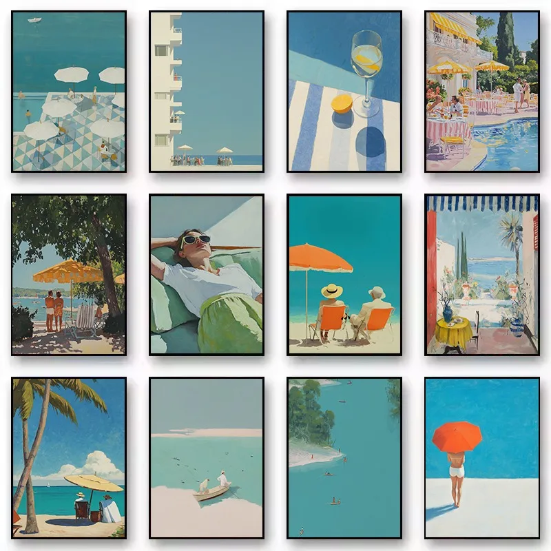 Retro Mediterranean Italy Summer Couple Beach Pool Scene Abstract Poster Wall Art Pictures Canvas Painting Home Decor