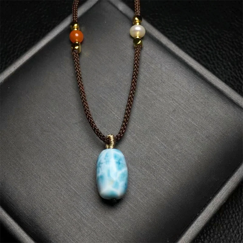 Natural Larimar Bucket Beads Pendant Jewelry For Women Man Healing Gift Crystal Beads Gemstone Water Pattern Stone