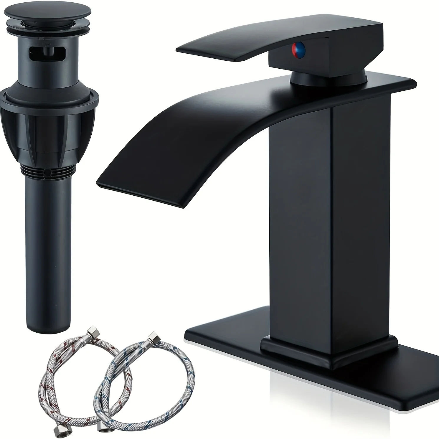 

Modern Single Handle Waterfall Bathroom Faucet with Waterfall Spout & Valve - Brushed/Chrome Sink Faucet Suitable for RV, Vanity, Deck Plate, 1 or 3-Hole Installation, G9/16 Threads, Water Supply Lines Included
