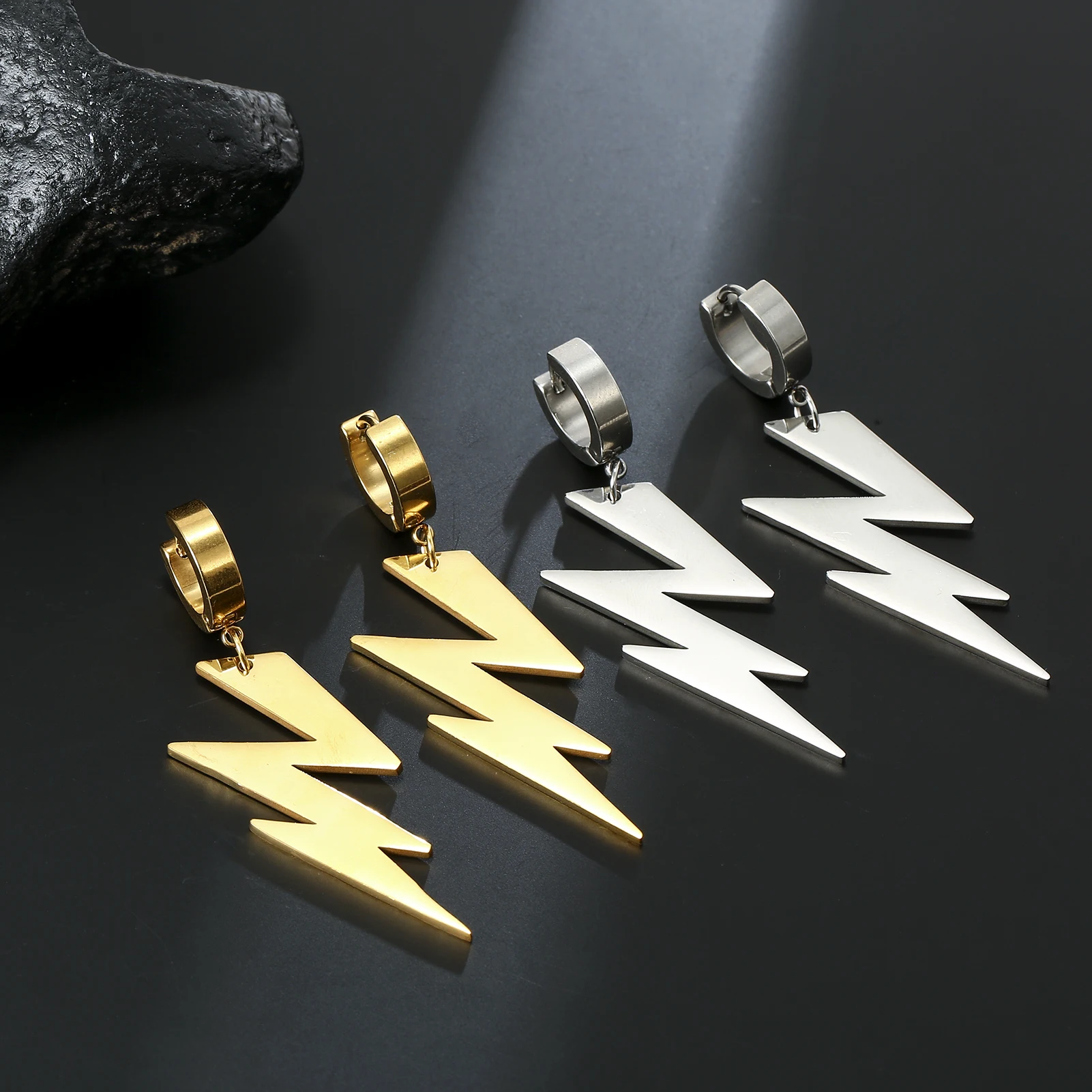 My Shape Punk Men Lightning Drop Earrings Stainless Steel Circle Earring Ear Clip Fashion Hip Hop Male Party Jewelry Accessories