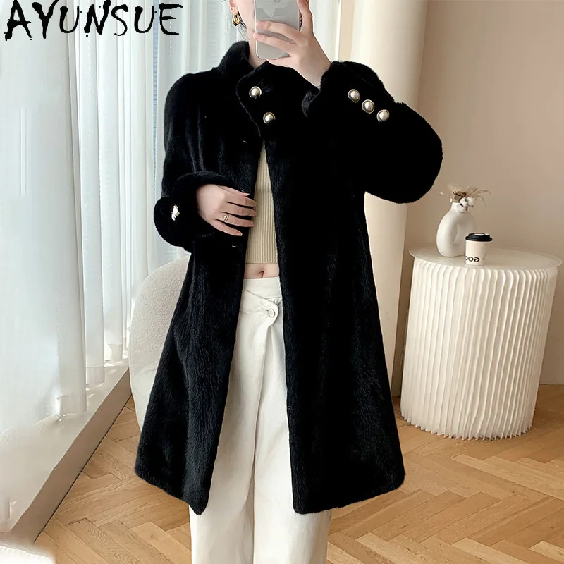 

AYUNSUE пальто из натурального норкового меха, женское пальто с воротником-стойкой, элегантное цельное норковое пальто для женской одежды, высокое качество, новинка 2025, Abrigo Mujer