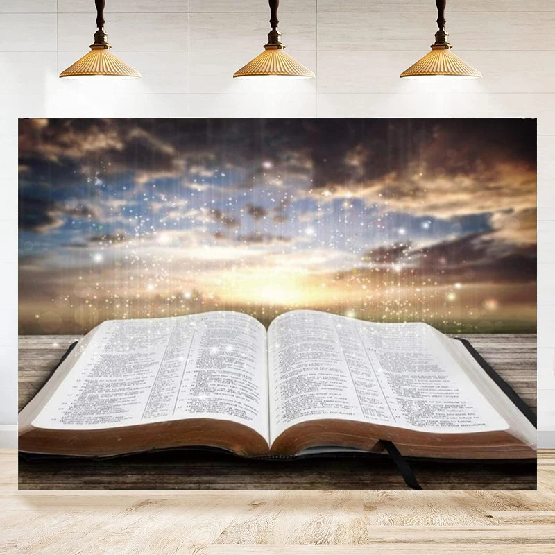 Jesus Christ Photography Backdrop Light Of Wisdom Emit From The Opened Holy Bible Book Sunset Background Church Decor Banner