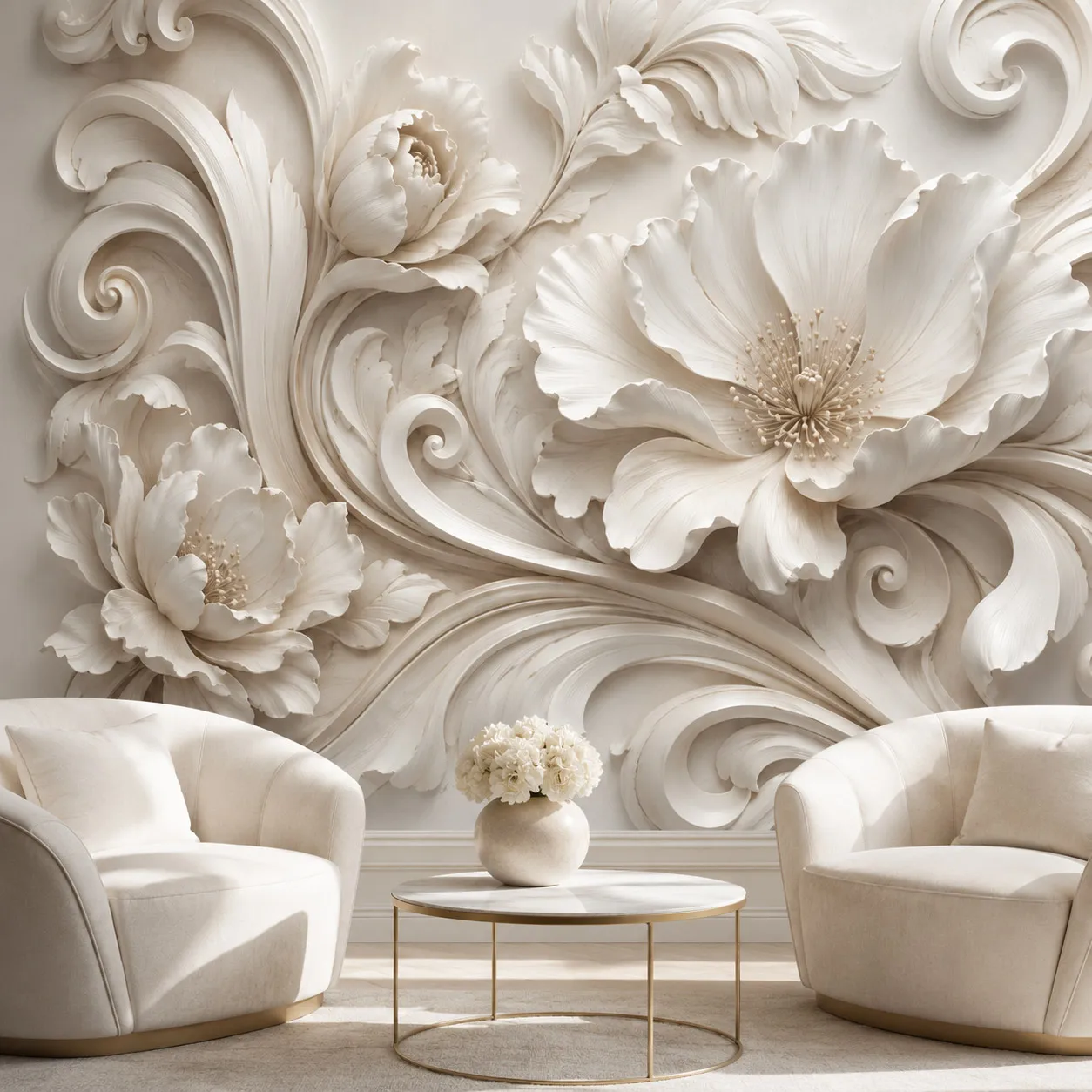3D Floral Wallpaper Mural, Ivory Embossed Flower Wall Mural for Living Room Bedroom Sofa TV Background, Paste Required