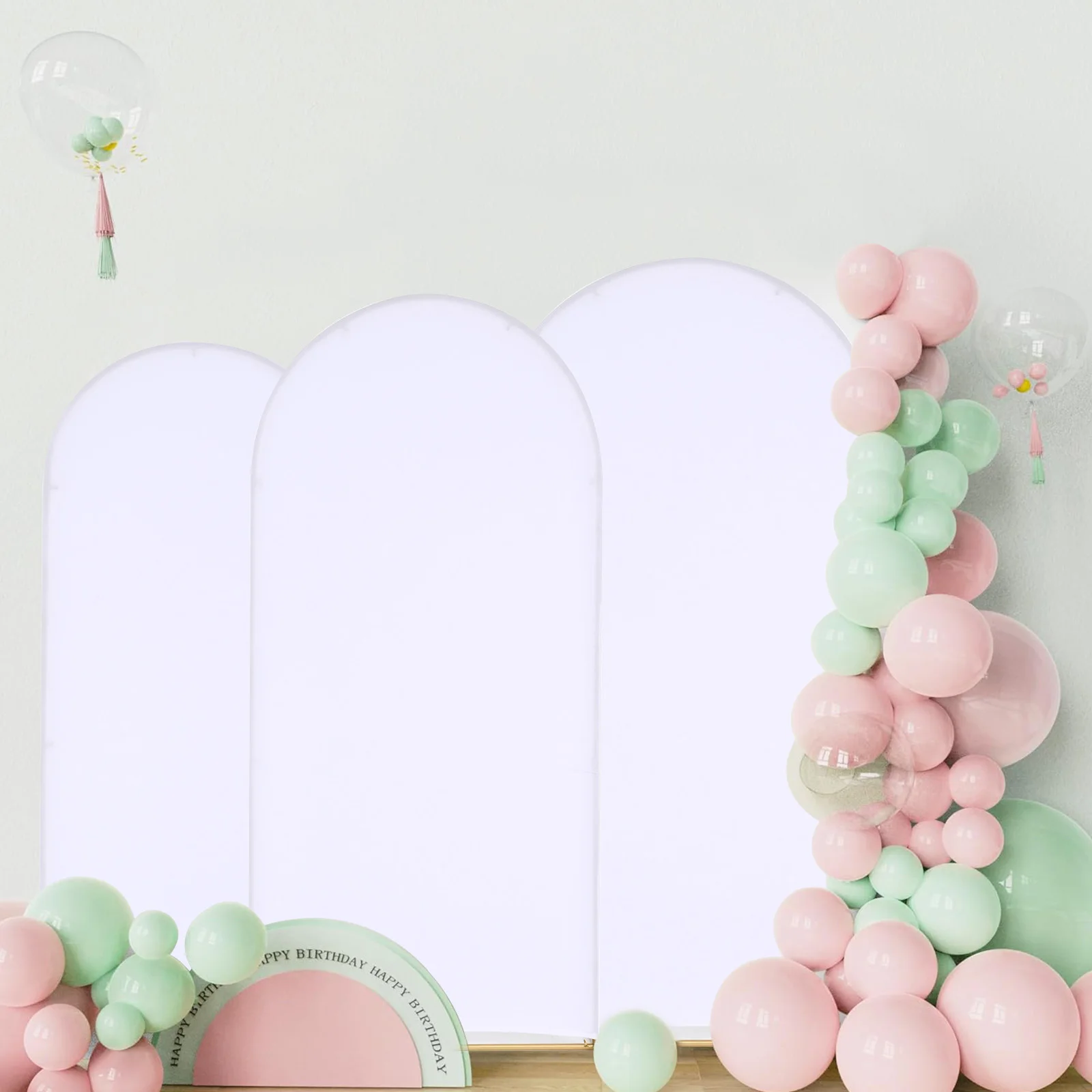 Wedding Arch Backdrop Stand and Cover Set, 6.6FT/5.9FT/4.9FT, 3 Gold Metal Arch Stands with 3 White Spandex Arch Covers for Part