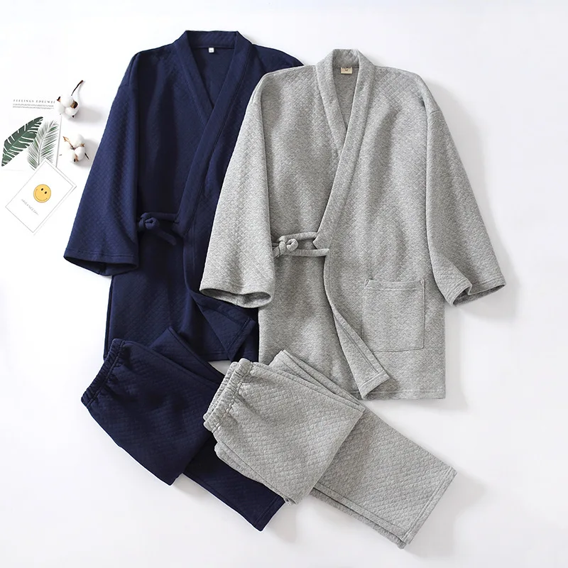 

Japanese Traditional Bathrobe Pajamas Sets Kimono Sleepwear for Man Solid Color V-neck Leisure Yukata Nightgown Homewear