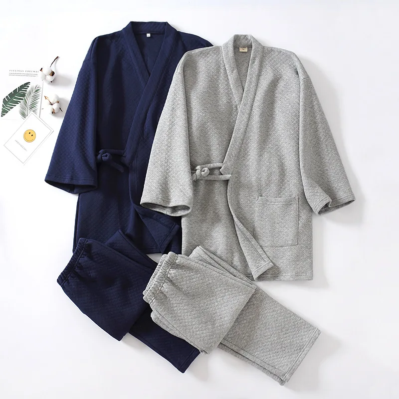 Japanese Traditional Bathrobe Pajamas Sets Kimono Sleepwear for Man Solid Color V-neck Leisure Yukata Nightgown Homewear