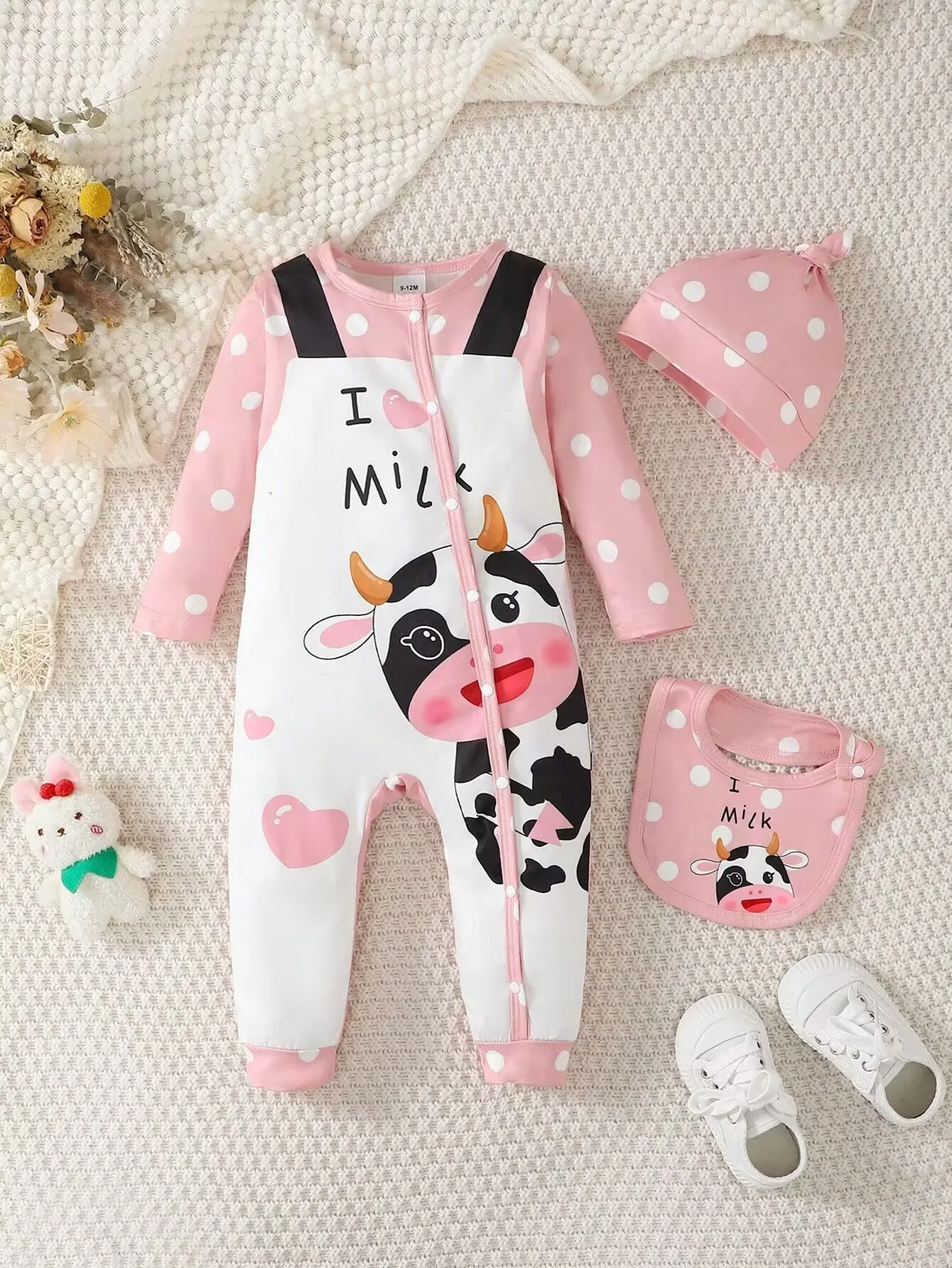 New baby Girl Long sleeved Bodysuit Cute Little Cow Circular dots Jumpsuit+Hat+Drool towel 3pc/set 0-18Months Baby Crawling suit