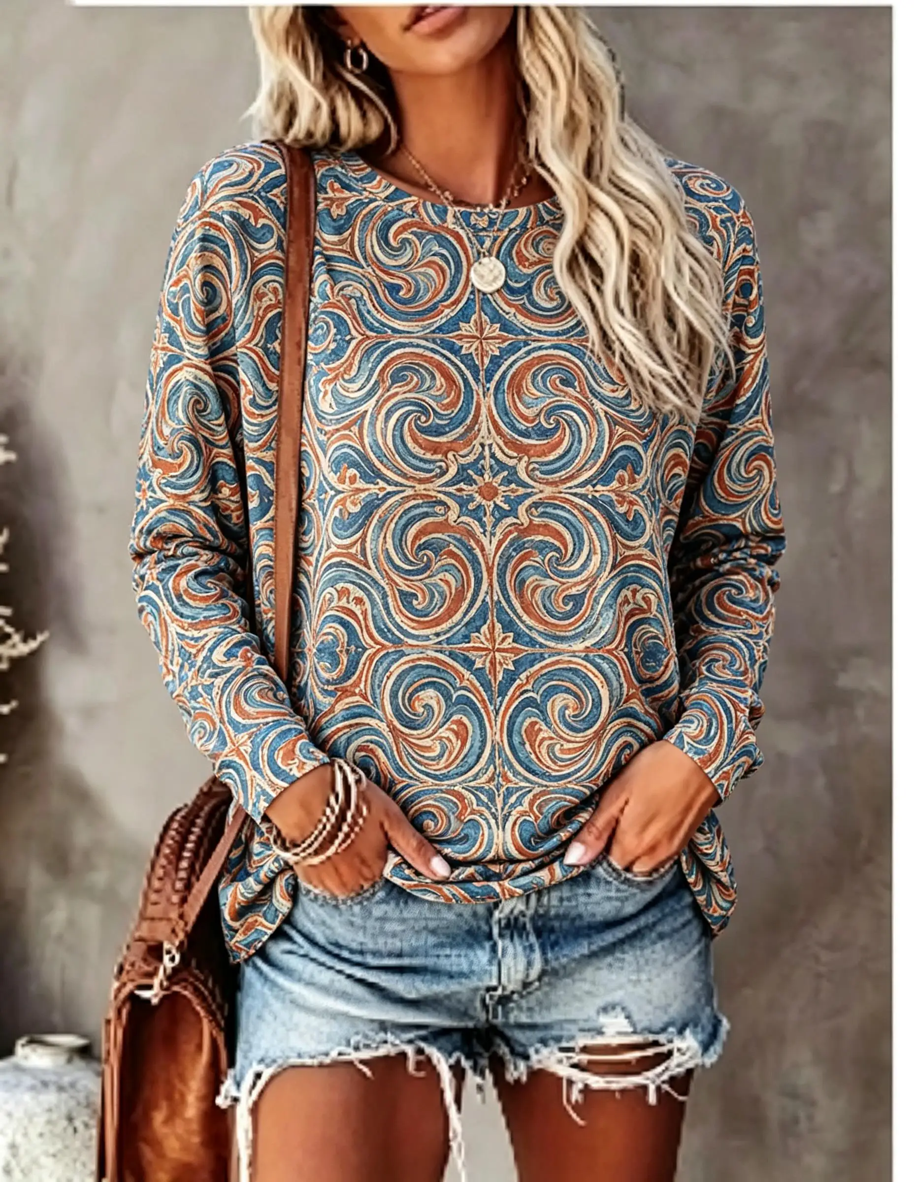 Women Long Sleeve T‑Shirt Vintage Washed Baroque Scroll Floral Splicing Boho Print Crew Neck Fall Casual Tops